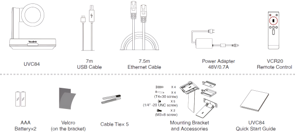UVC84 USB Камера Yealink (UVC84, пульт ДУ, кабели, крепление, блок питания, 2-year AMS)